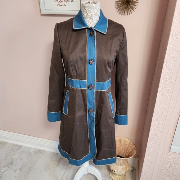 SOLDBODEN Colorblock turquoise, brown long jacket NWOT 12 Cotton - Picture 1 of 8